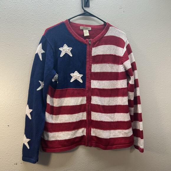Vtg 90s Americana Patriotic American Flag USA Ramie Cotton Knit Sweater Jacket S - Picture 1 of 6